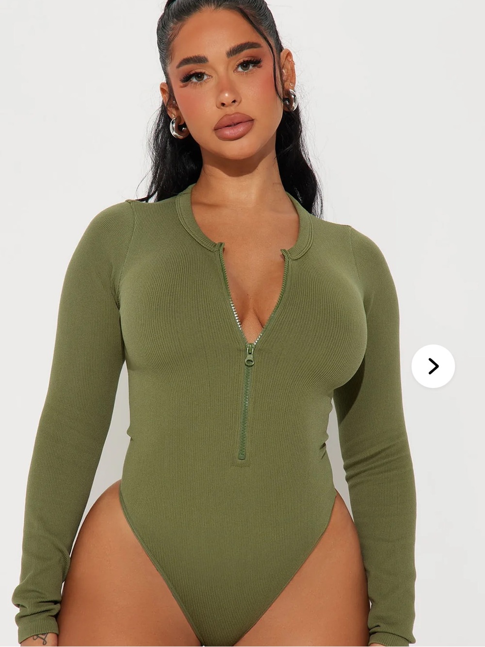 NWT Fashion Nova Seamless Olive Ribbed Zip-Front Long Sleeve Bodysuit Medium